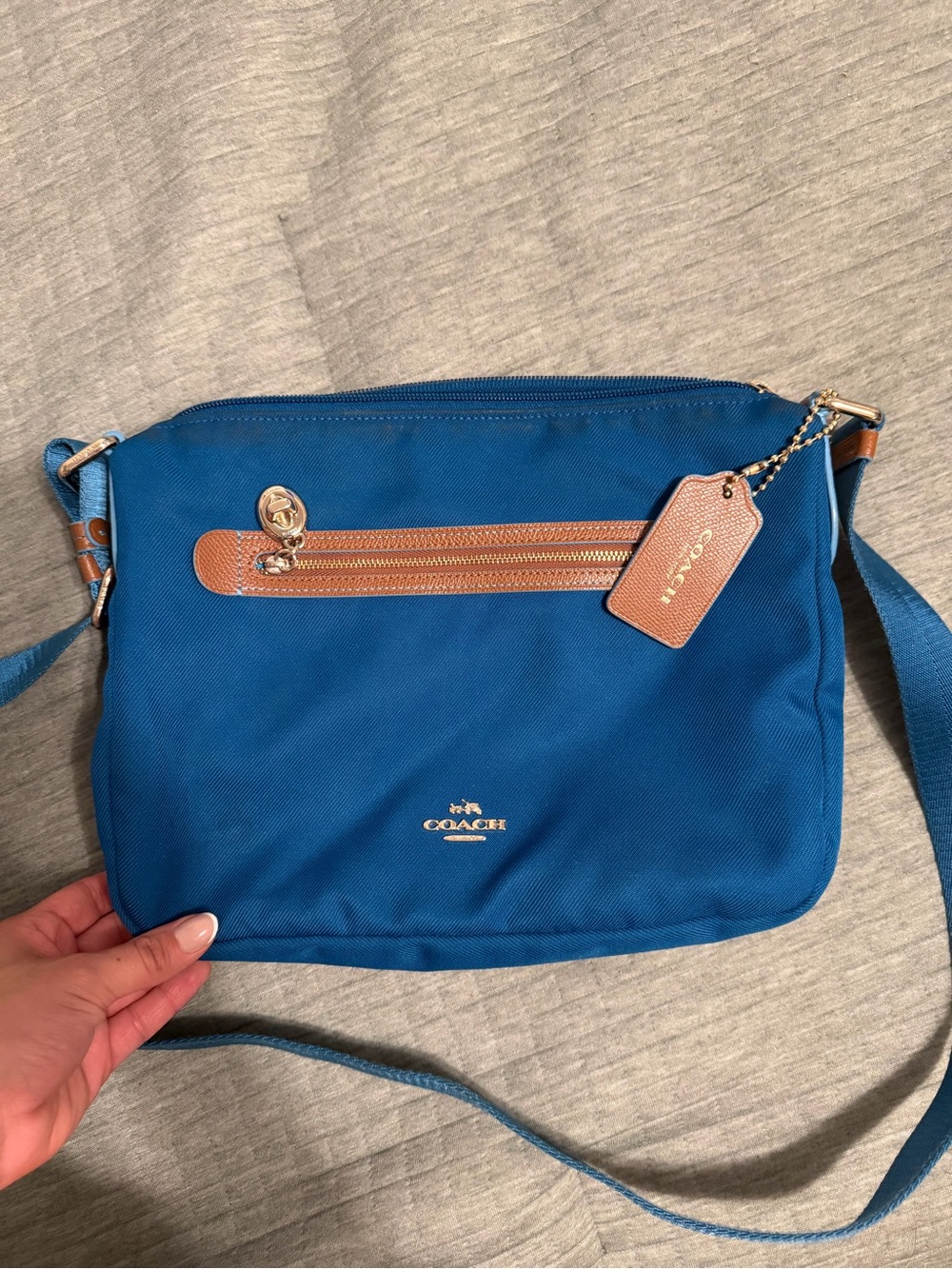COACH Blue Crossbody with Tan Leather Trim and Tag